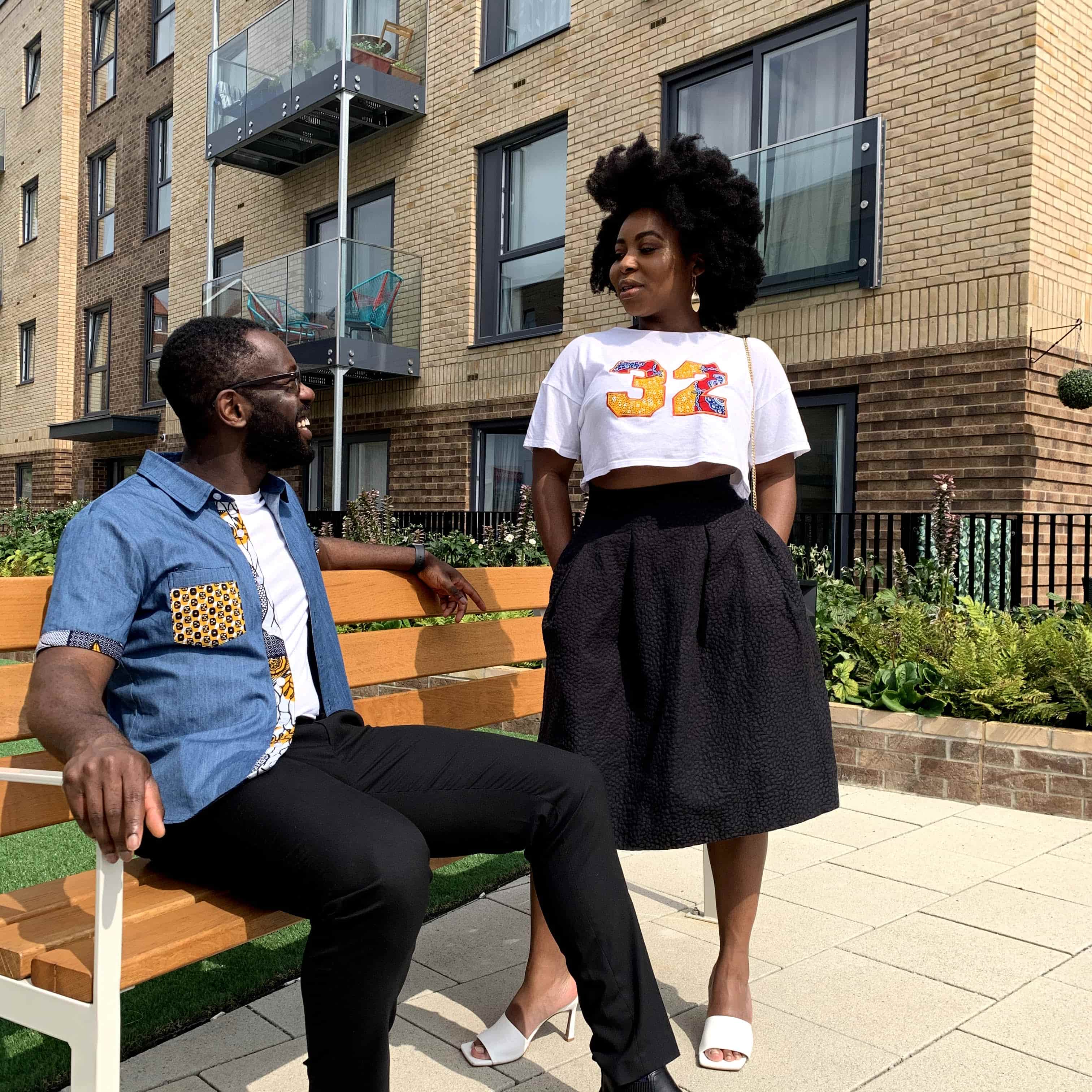 african print couple in shirt and crop top