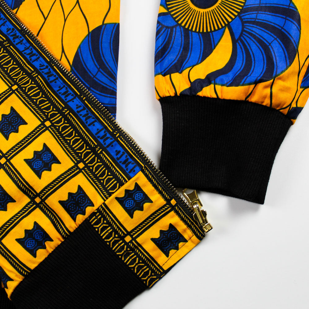 African print detail shot of bomber jacket cuff