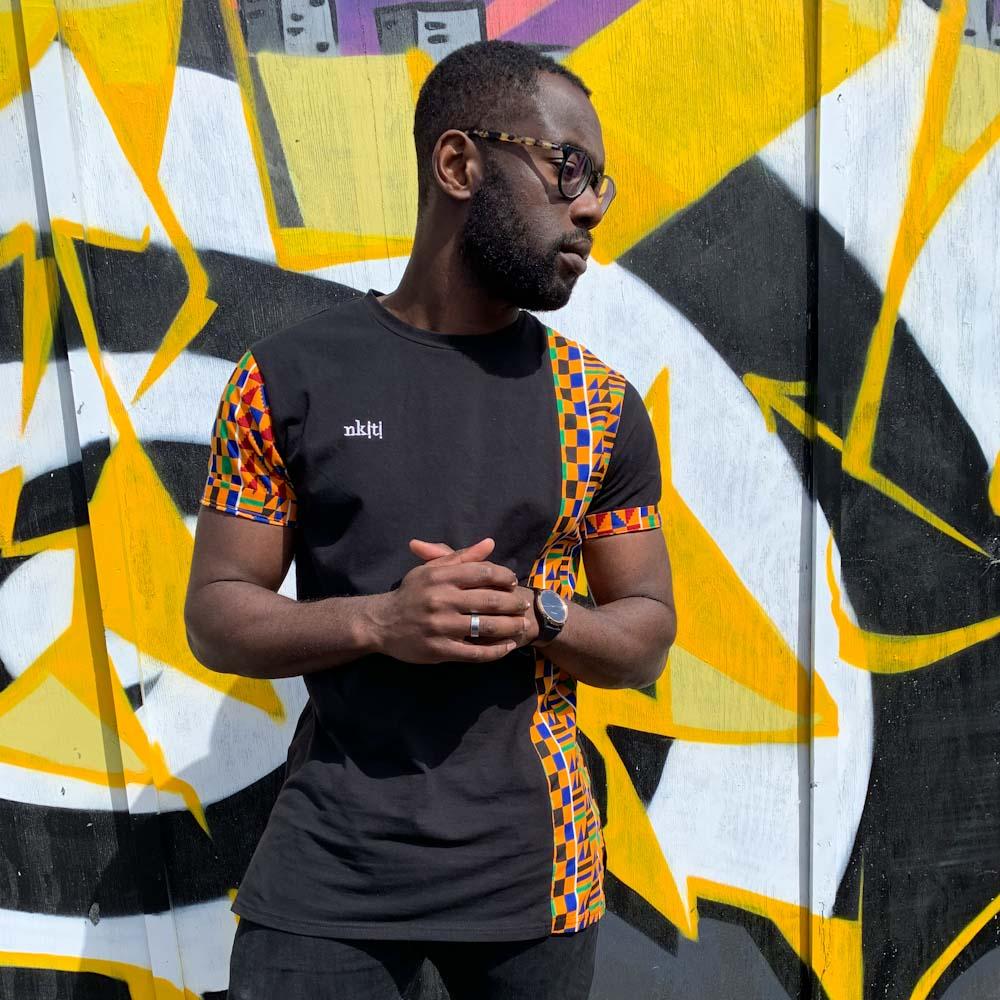 Men's t-shirt with kente print side panel graffit setting