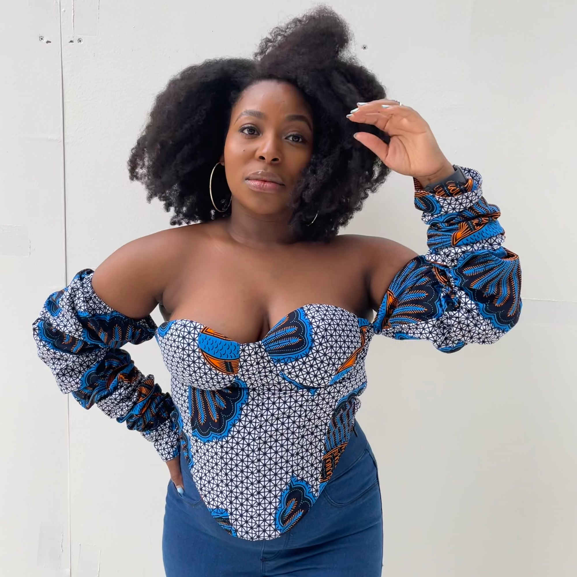 Blue Grey African Print Corset Top Close Up