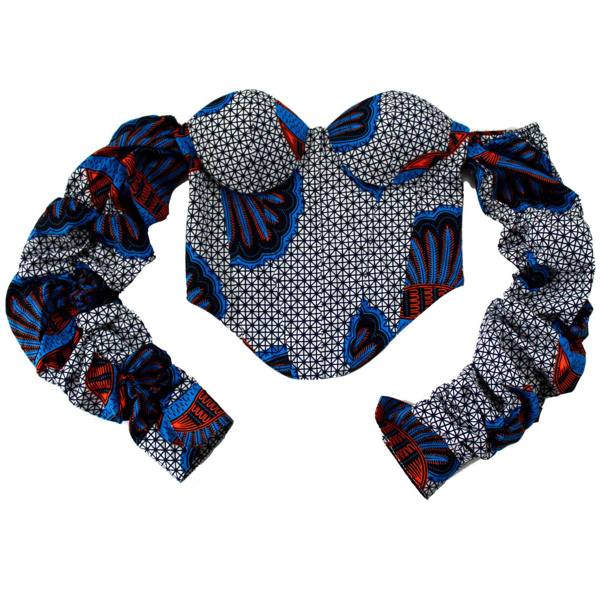 African print corset top in navy blue flatlay