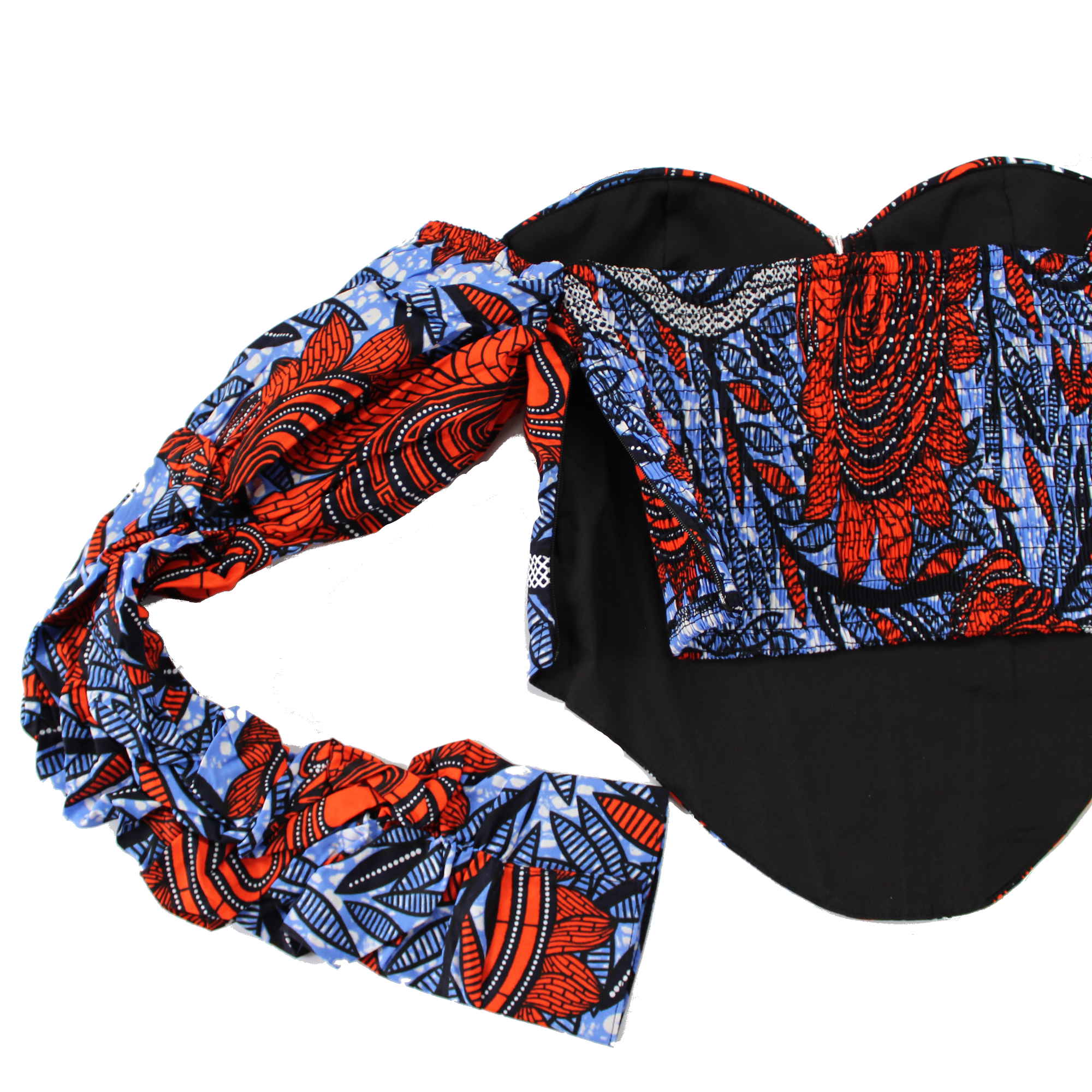 Detail shot of African print corset top in red