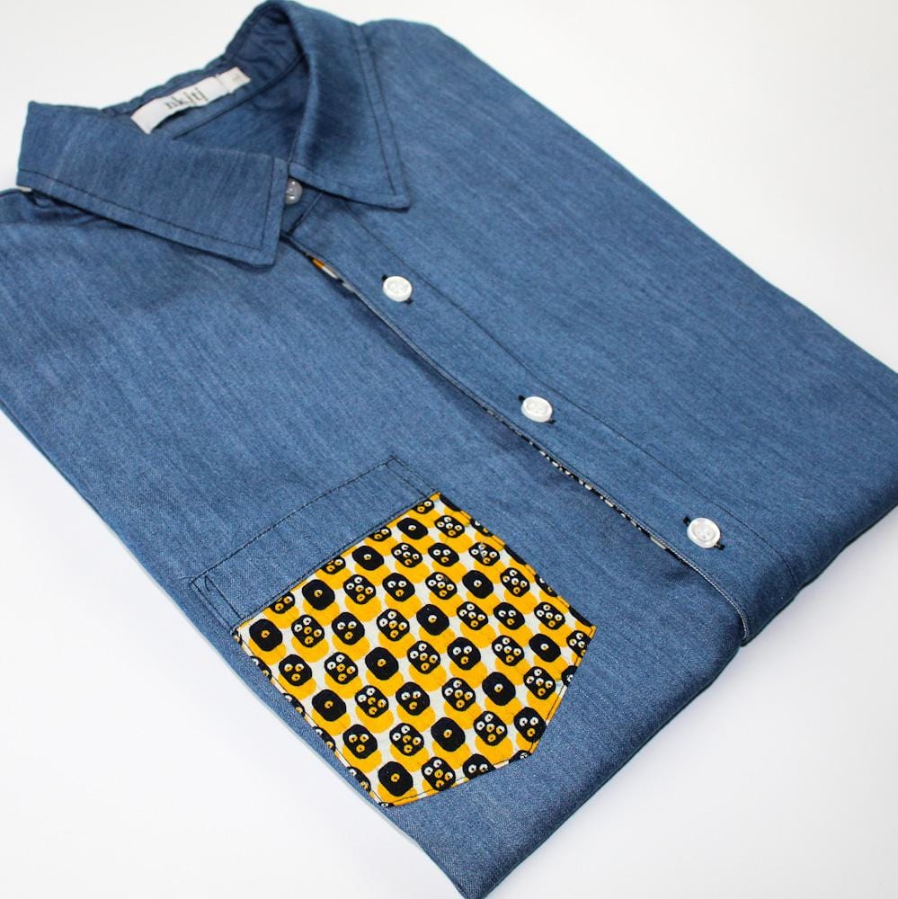 Denim African Print Shirt with Pocket