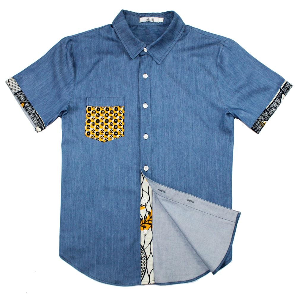 Denim Shirt African Print Pocket