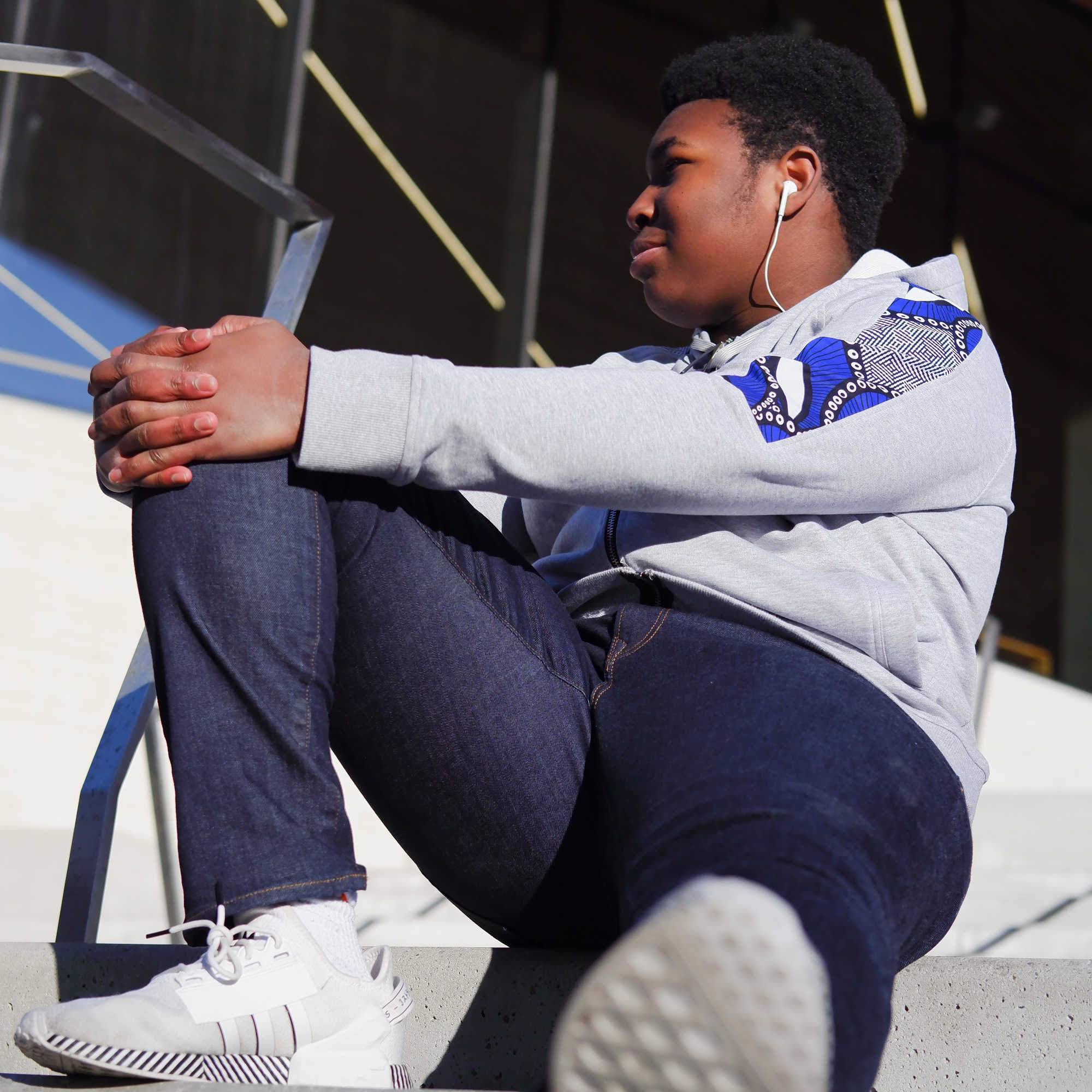 Grey African print hoodie lifestyle shot