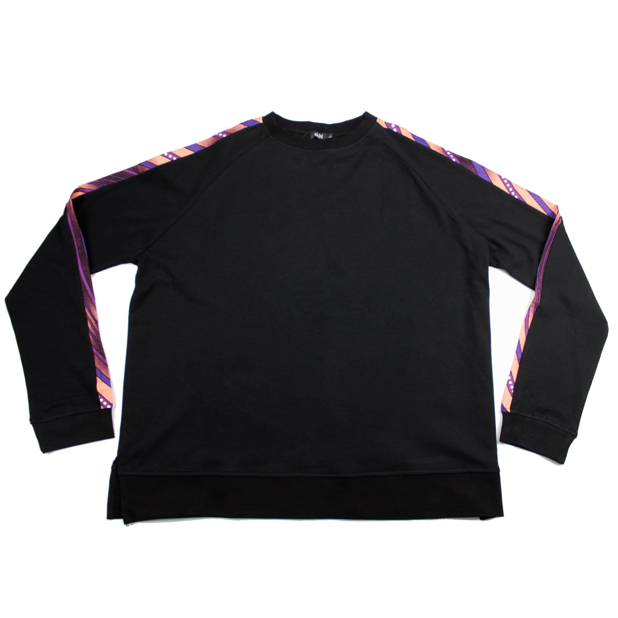 African Print Jumper flatlay with purple metallic ankara fabric