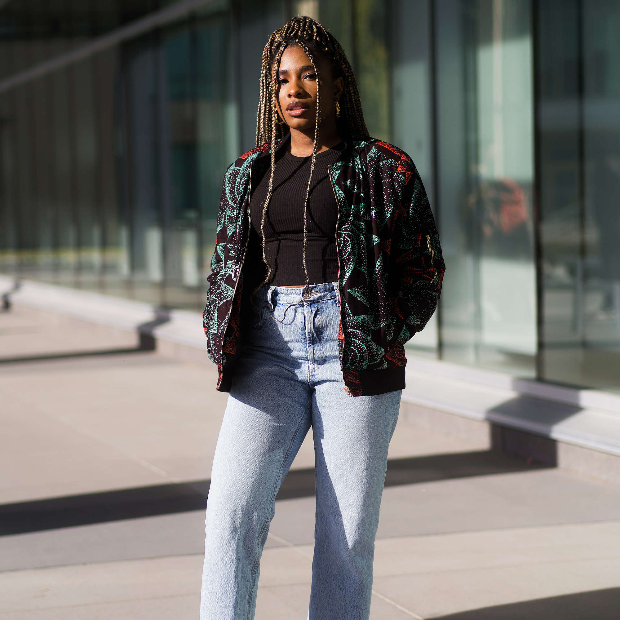 Women's African Print Bomber Jacket in Teal