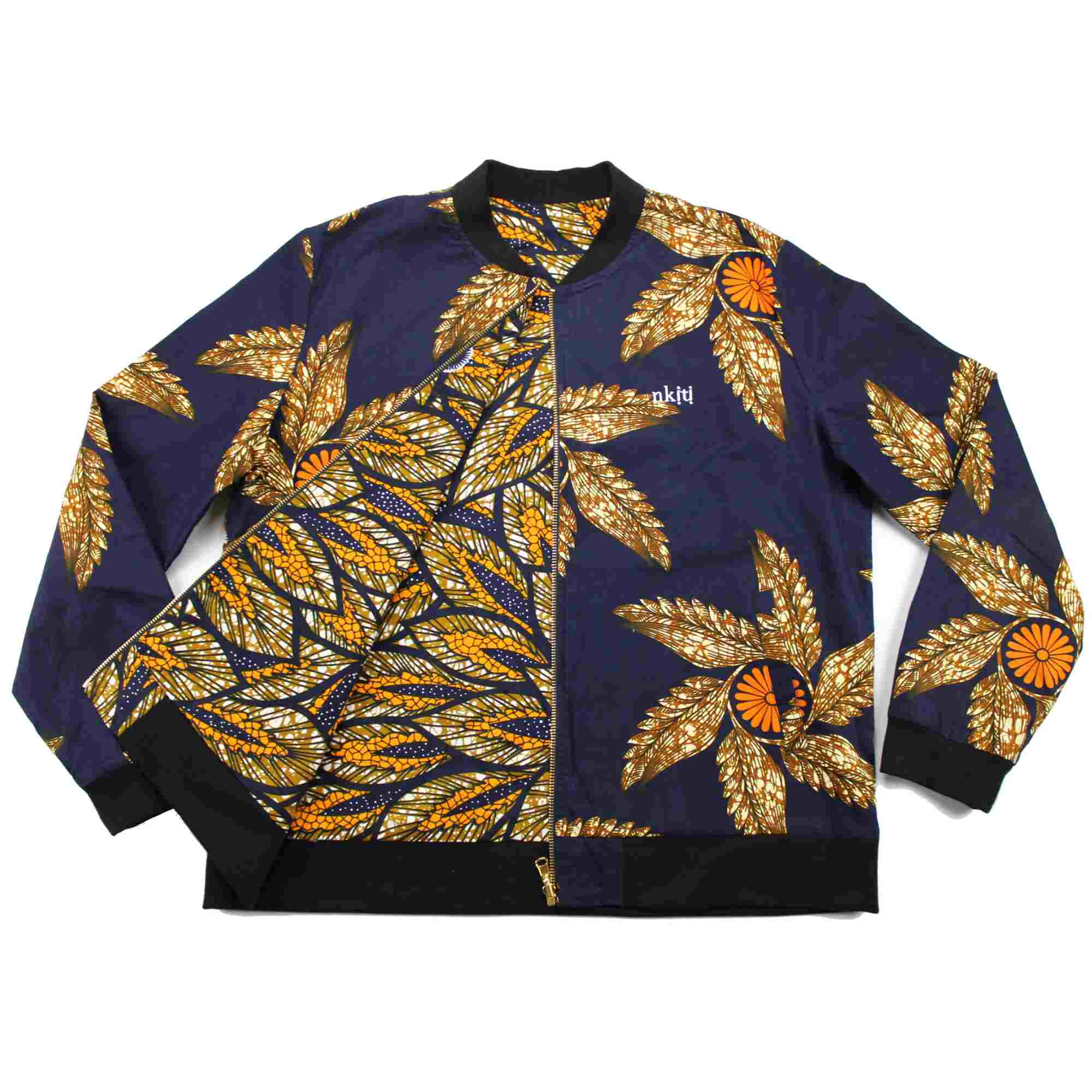 Reversible African Print Bomber Jacket Blue Gold