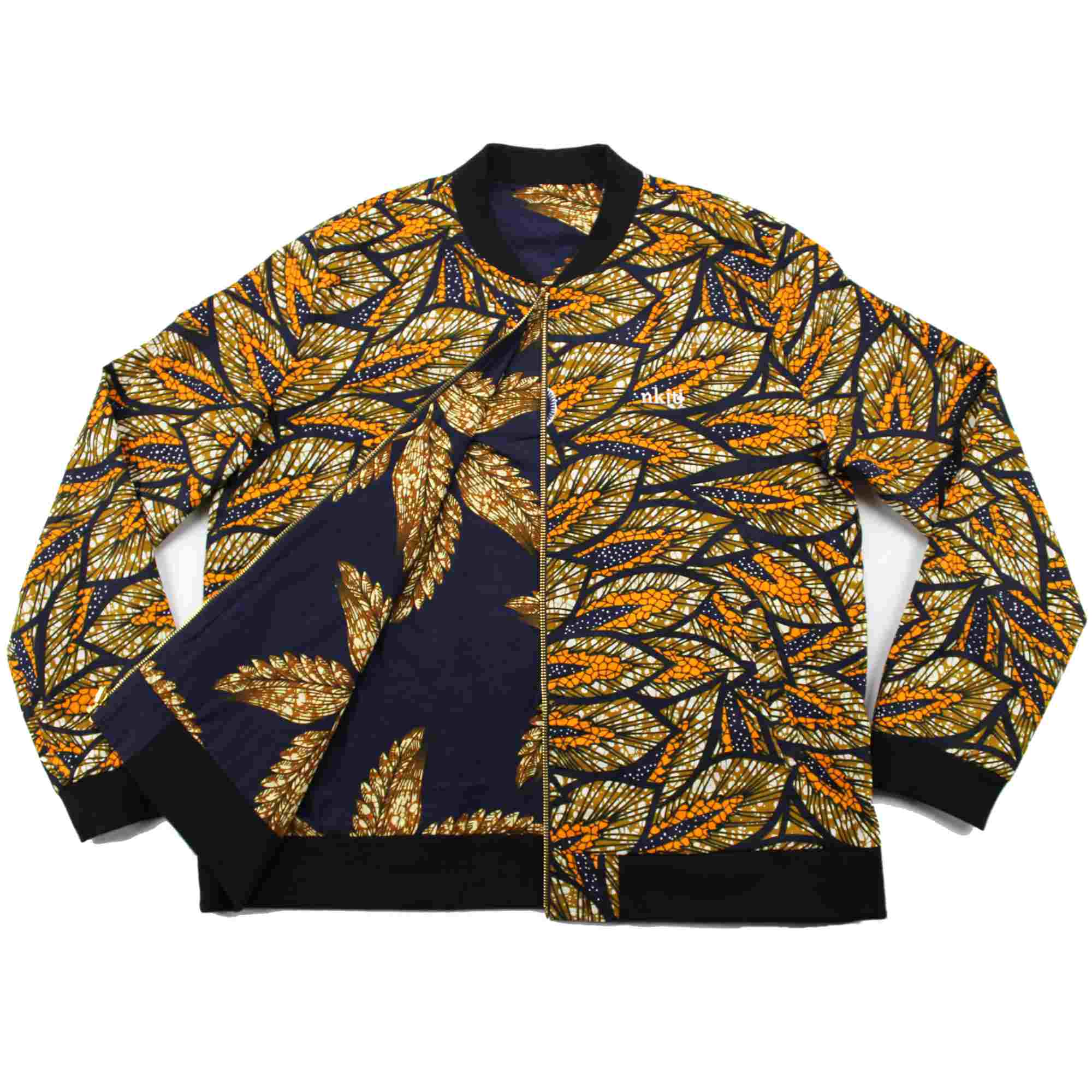 Reversible African Print Bomber Jacket Gold Blue