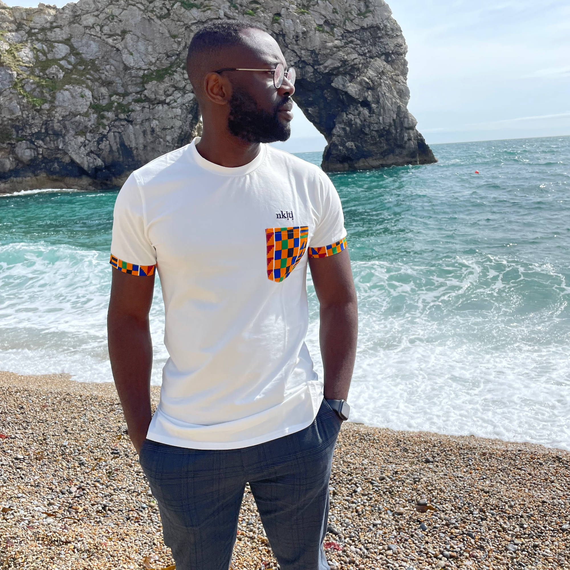 White T-shirt with kente print pocket for men