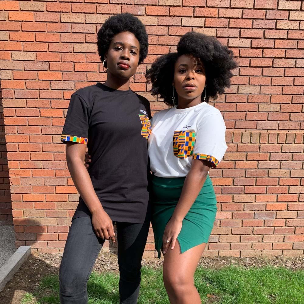 Kente print pocket design t-shirt in black and white