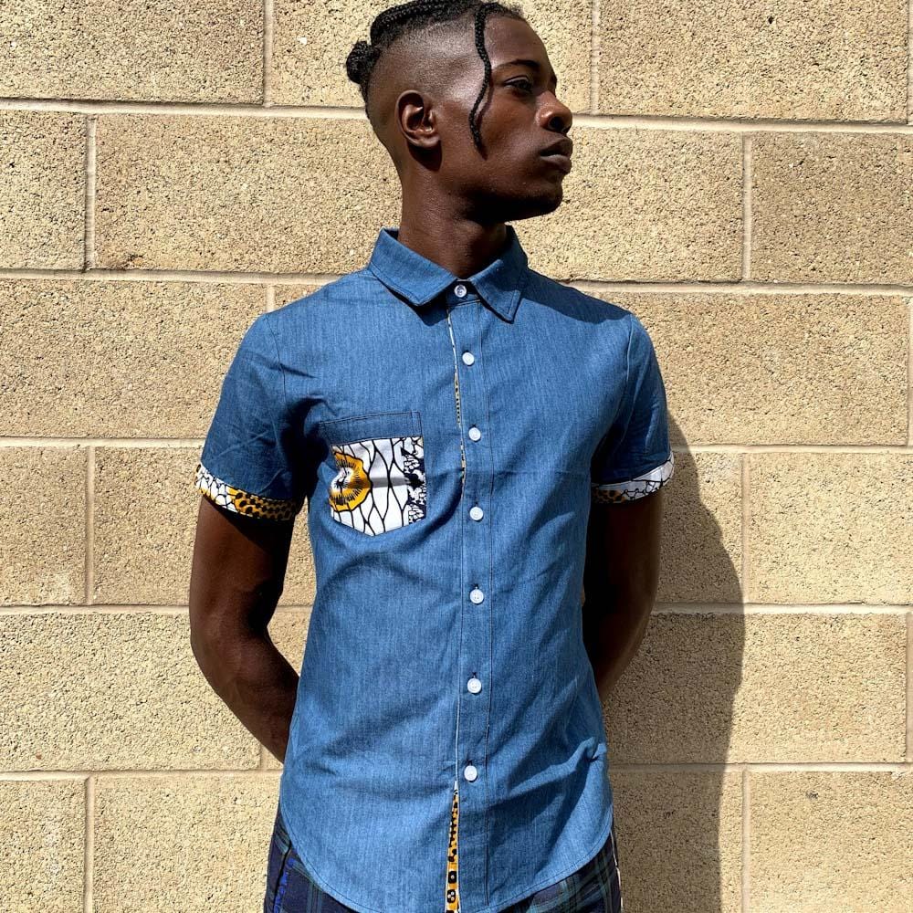 Denim African Print Shirt with Pocket Nkiti Clothing