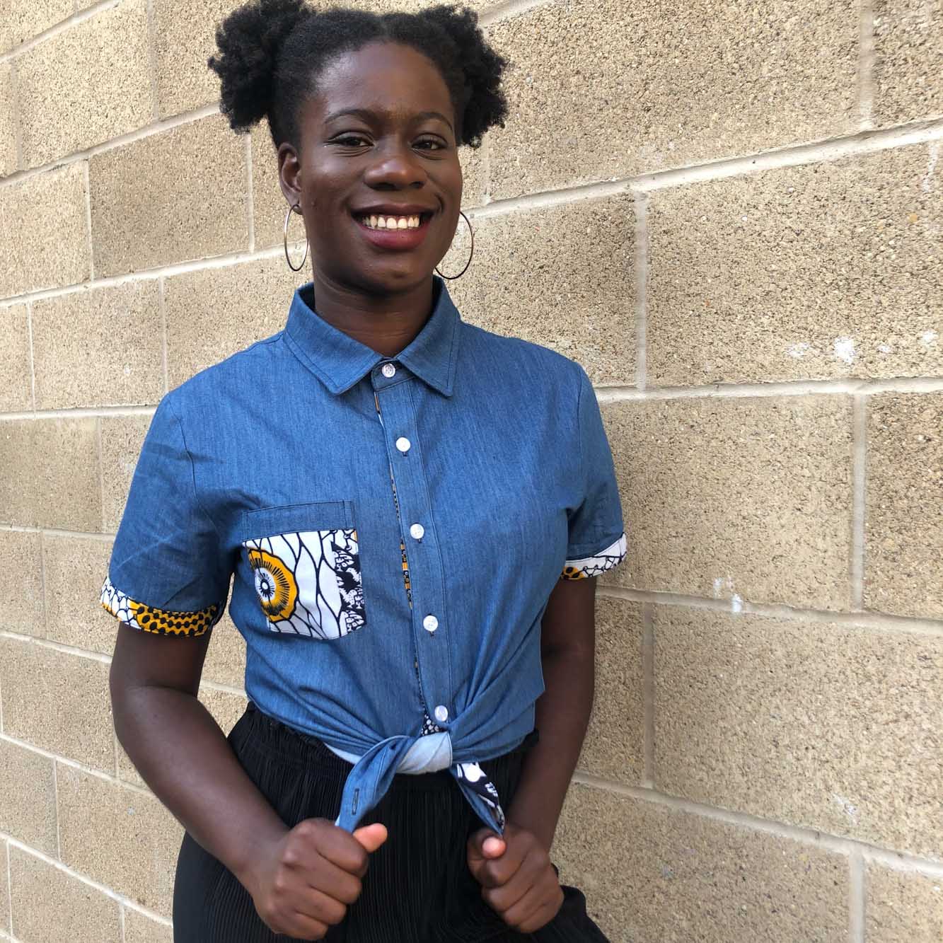denim shirt tied up african print girl