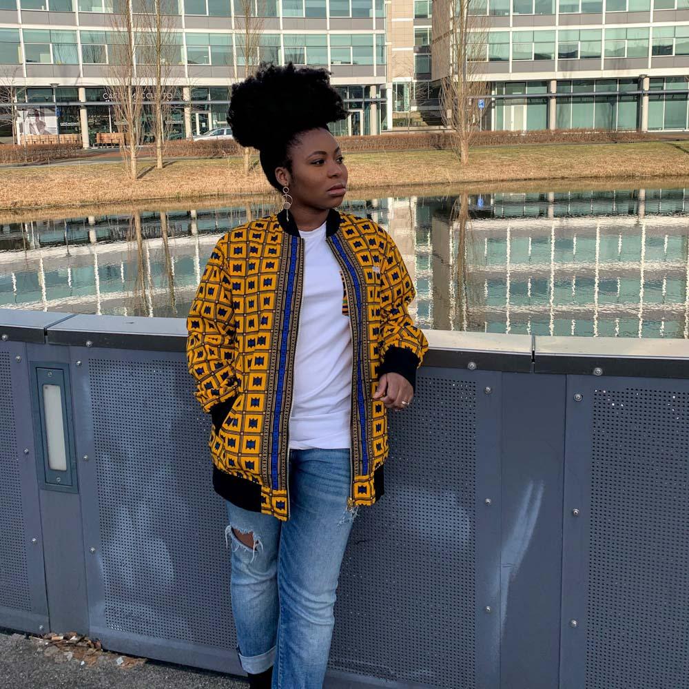 Women's Reversible African Print Bomber Jacket in Blue & Yellow