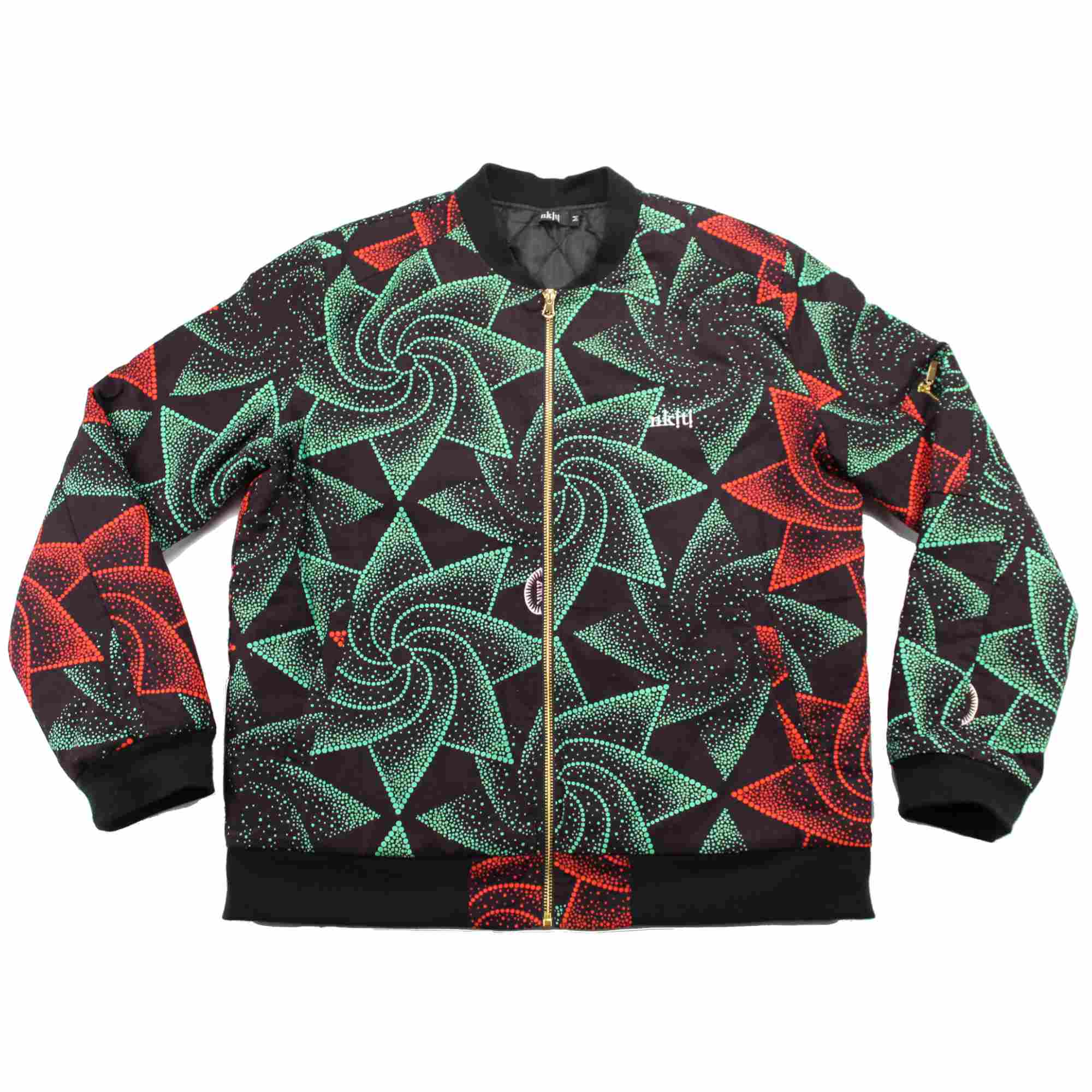 African print puffer jacket teal red