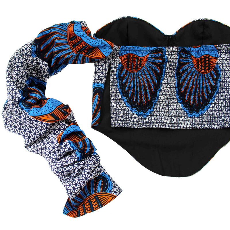 navy blue African print corset top detailed flatlay
