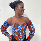 African print corset top in red close up