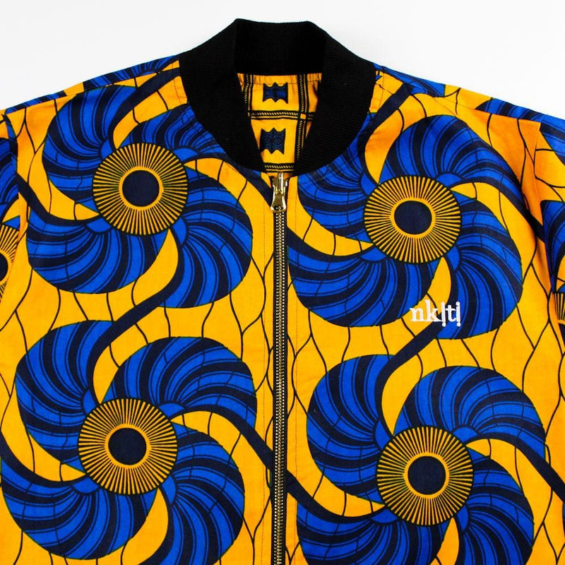 Women's Reversible African Print Bomber Jacket in Blue & Yellow