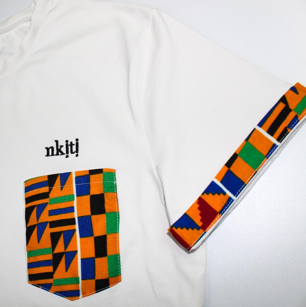 T-Shirt in White with Kente Print Pocket