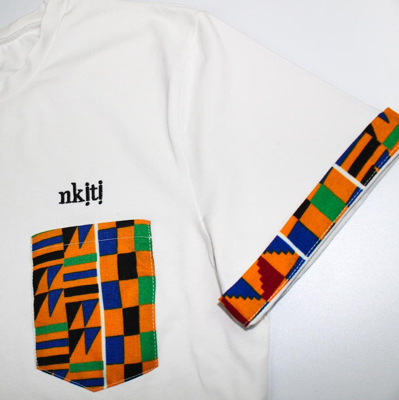 T-Shirt in White with Kente Print Pocket