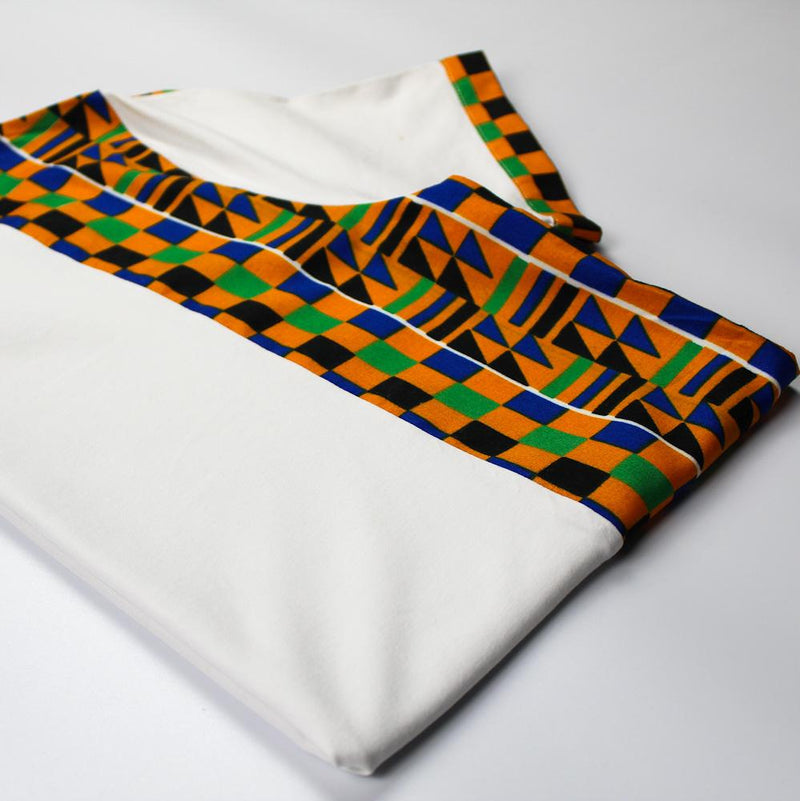 T-Shirt in White with Kente Print Side Panel