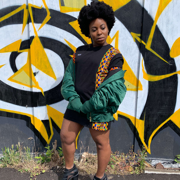 Top in Black with Kente Print Side Panel