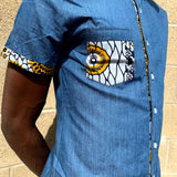 Denim shirt African print close up