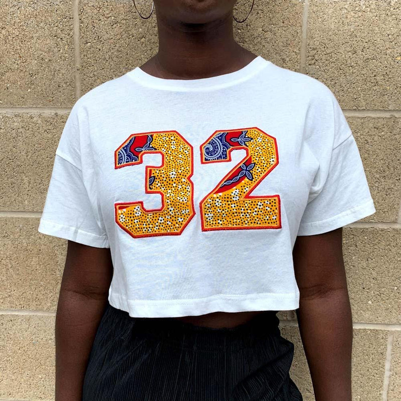 White Crop Tee with 32 in African Print